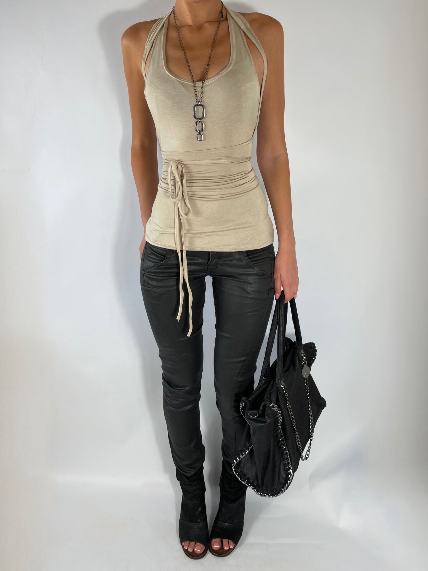 TWO LAYER TIE TOP IN TAN