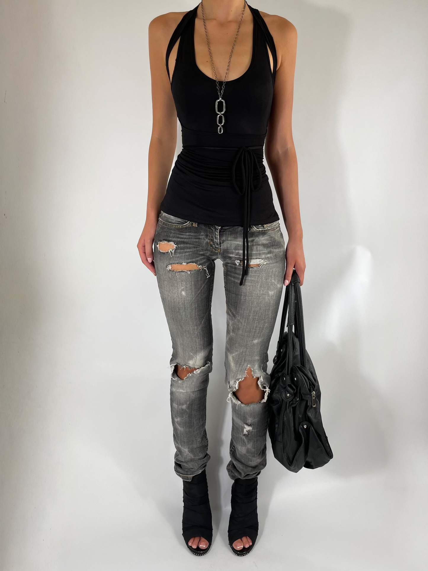 TWO LAYER TIE TOP IN BLACK