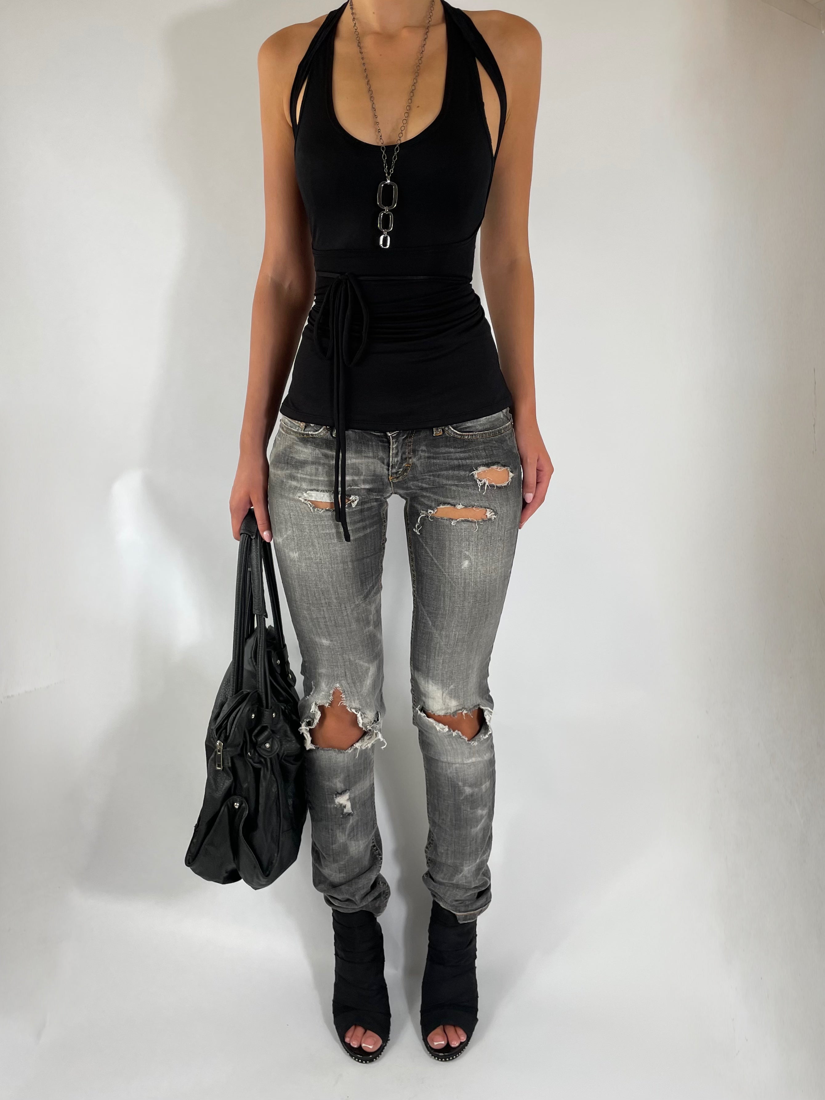 TWO LAYER TIE TOP IN BLACK