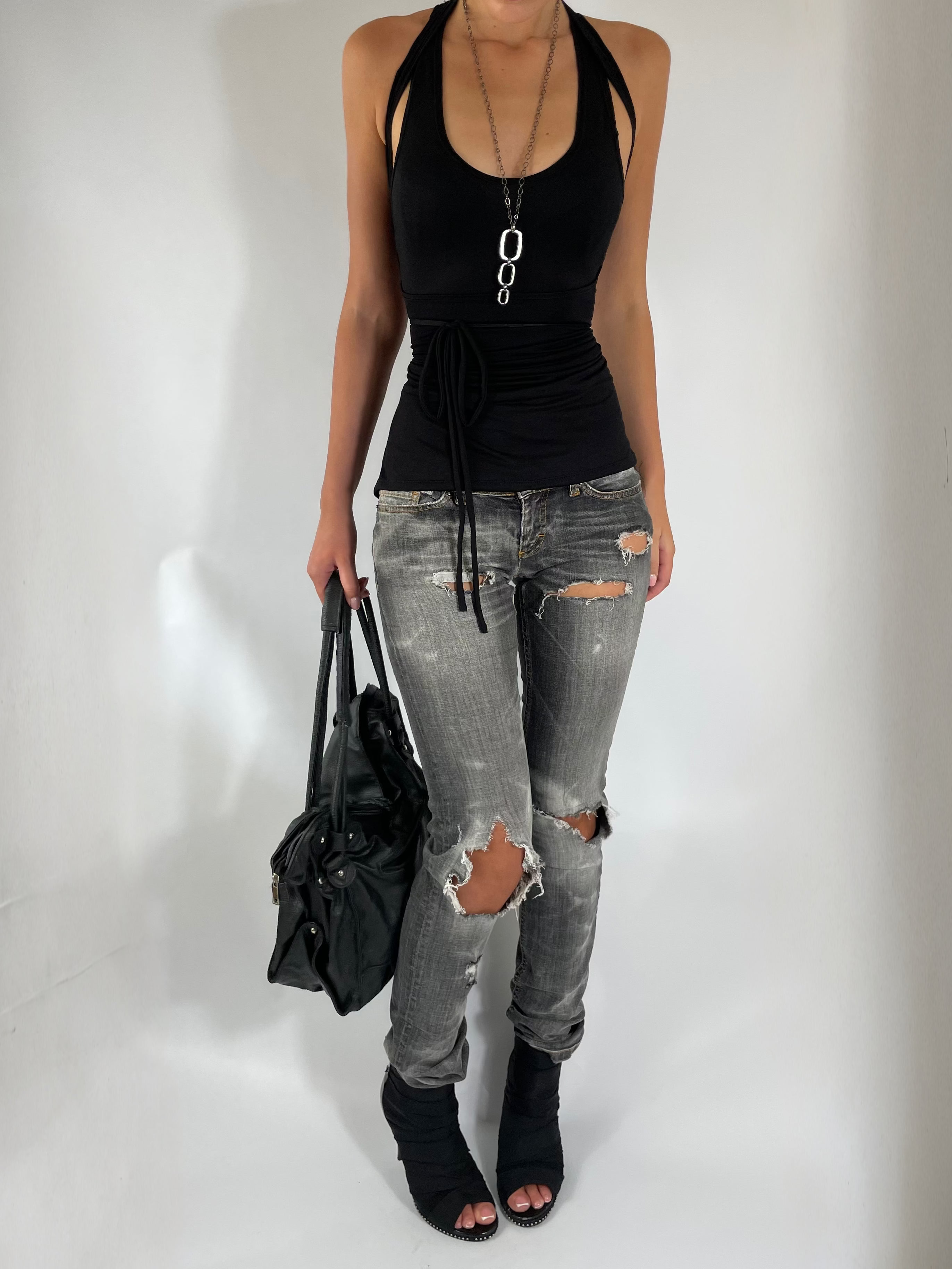 TWO LAYER TIE TOP IN BLACK