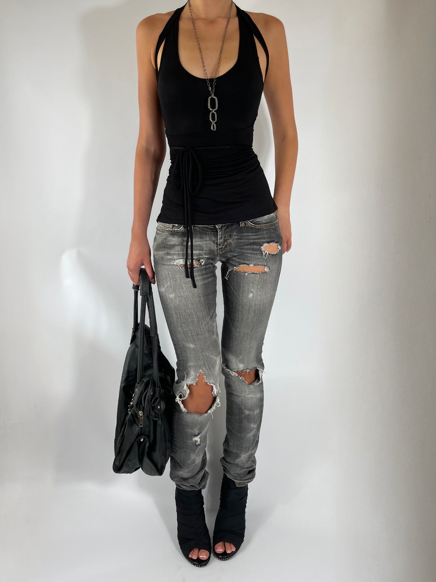 TWO LAYER TIE TOP IN BLACK