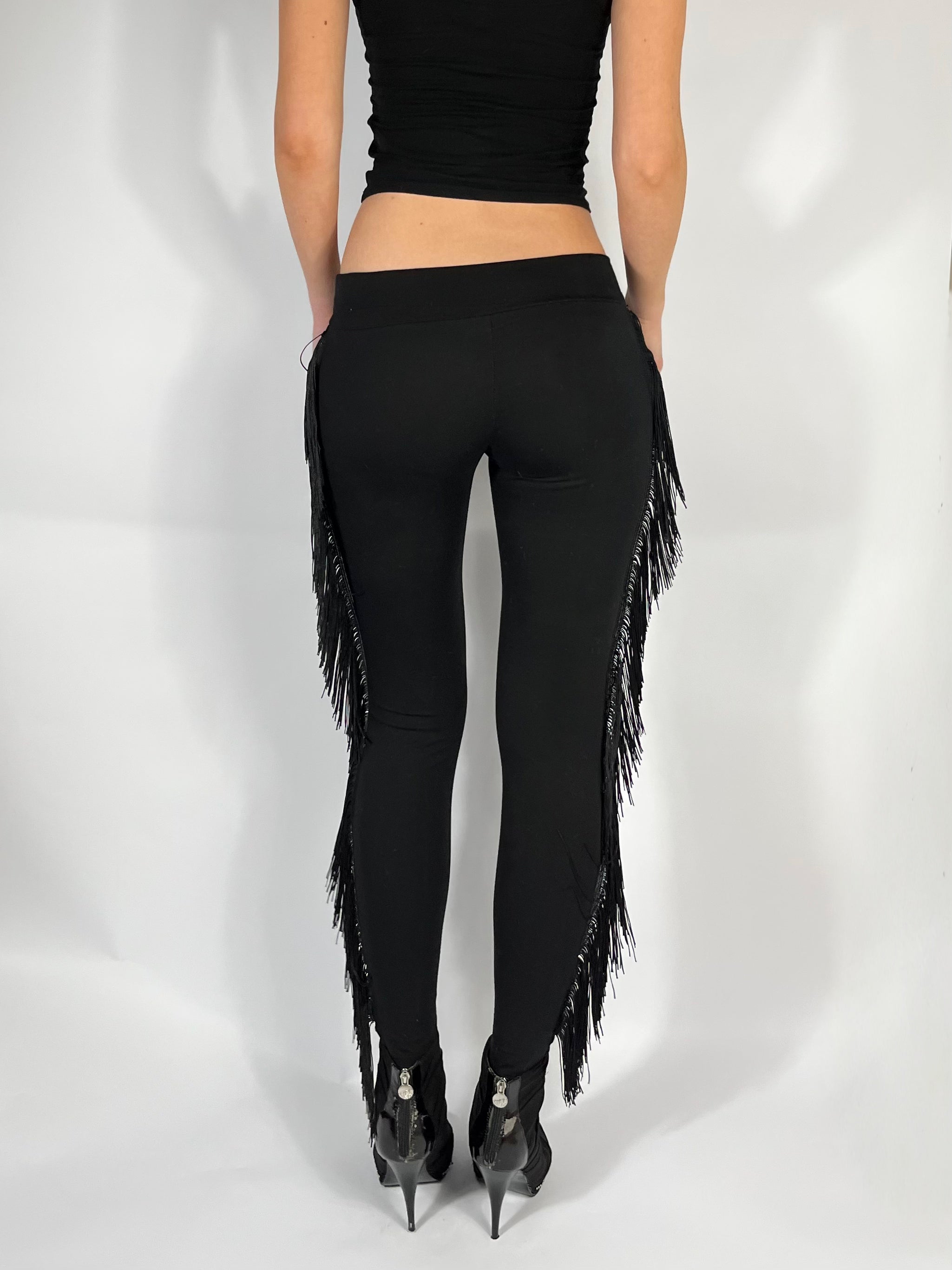 ULTRA LOW RISE SKINNIES IN BLACK FRINGE