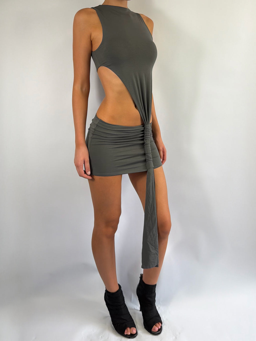 ASYMMETRIC KNOT LOW RISE MINI DRESS IN STONE