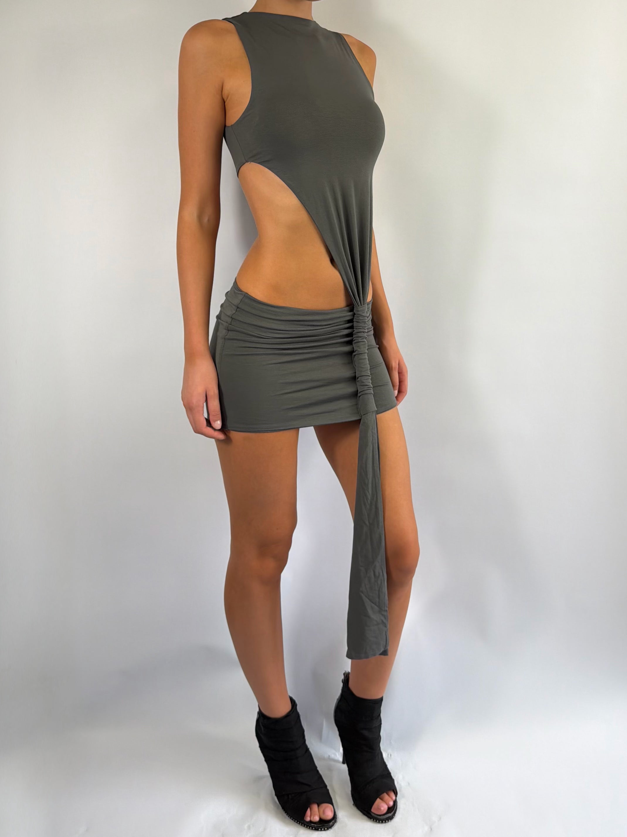 ASYMMETRIC KNOT LOW RISE MINI DRESS IN STONE