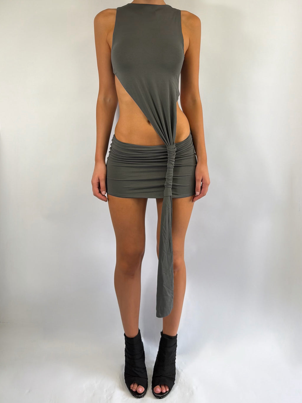 ASYMMETRIC KNOT LOW RISE MINI DRESS IN STONE