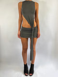 ASYMMETRIC KNOT LOW RISE MINI DRESS IN STONE