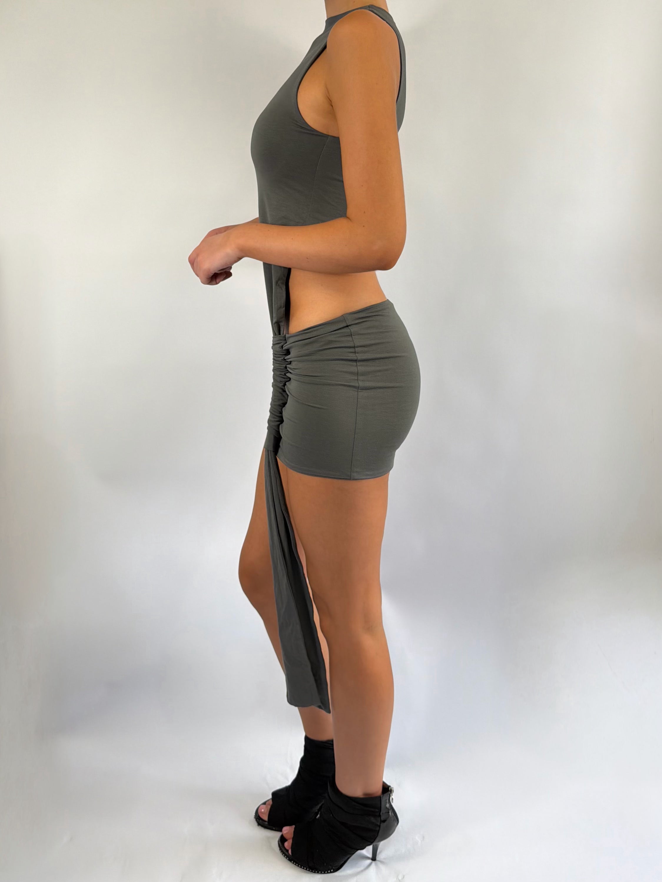 ASYMMETRIC KNOT LOW RISE MINI DRESS IN STONE