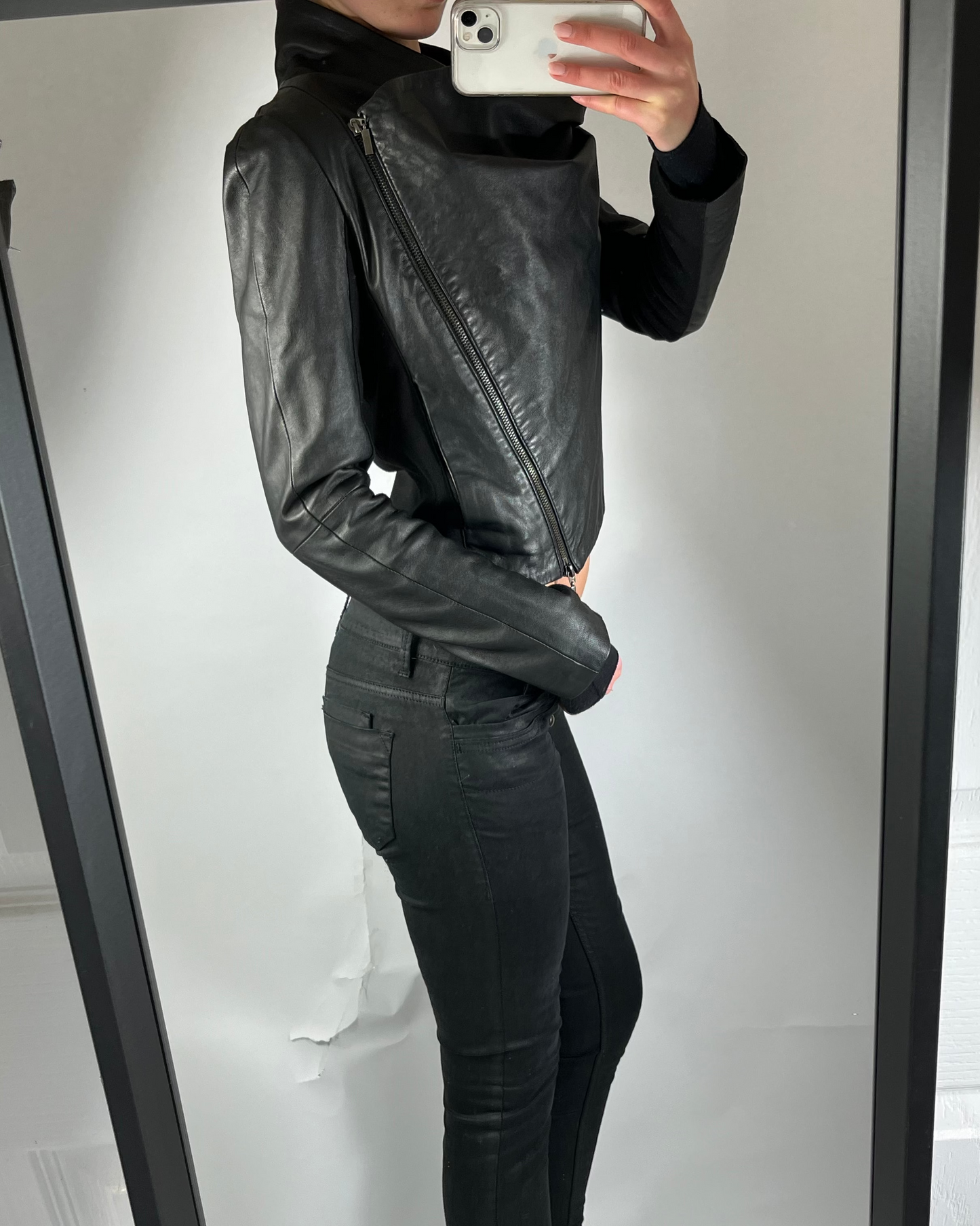 VINTAGE CROP ASYMMETRIC LEATHER JACKET