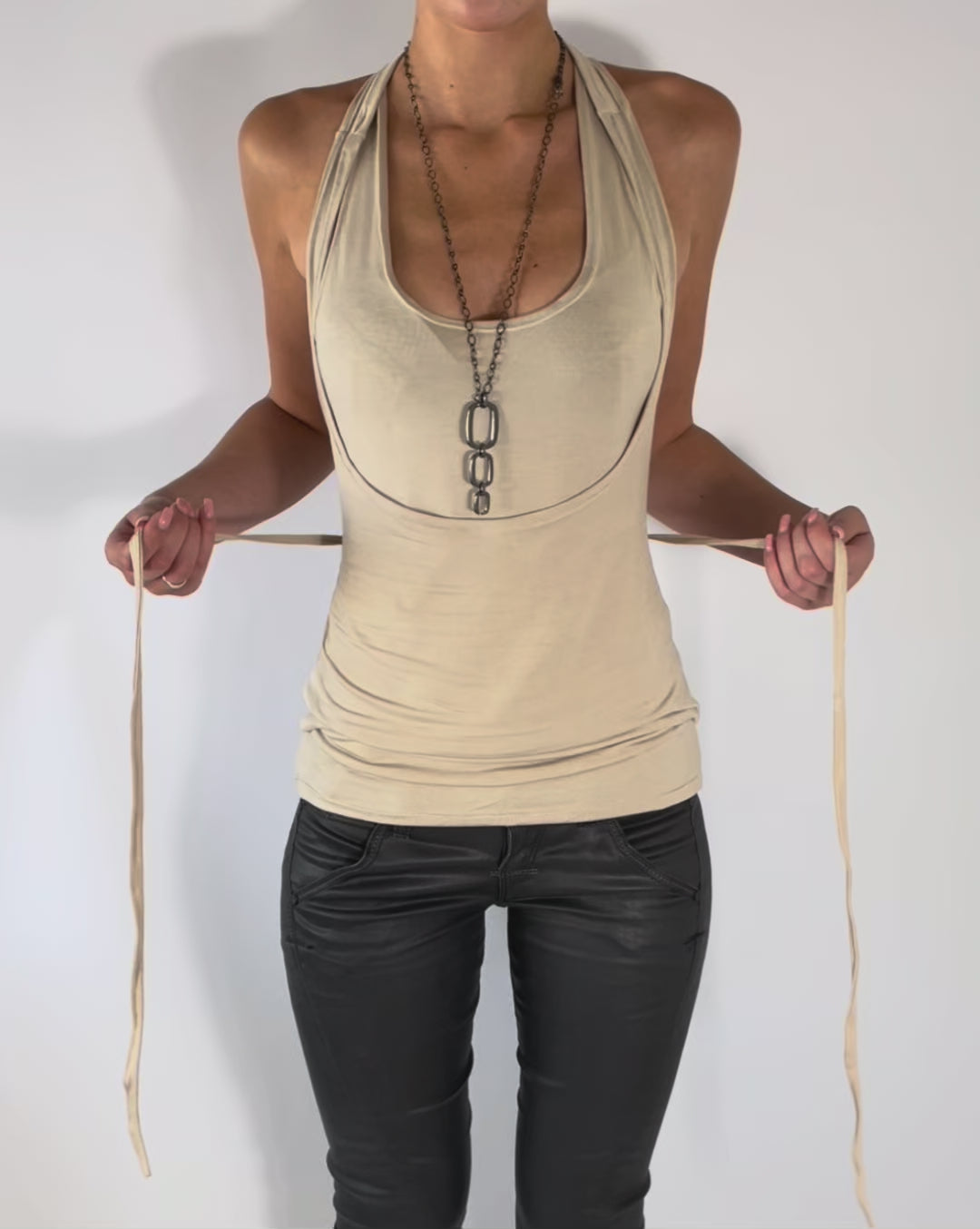 TWO LAYER TIE TOP IN TAN